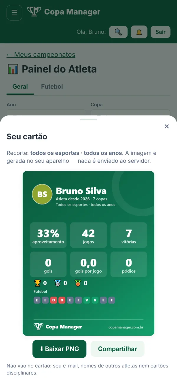 Cartão do Atleta gerado pelo app, com os números do jogador, pronto para compartilhar
